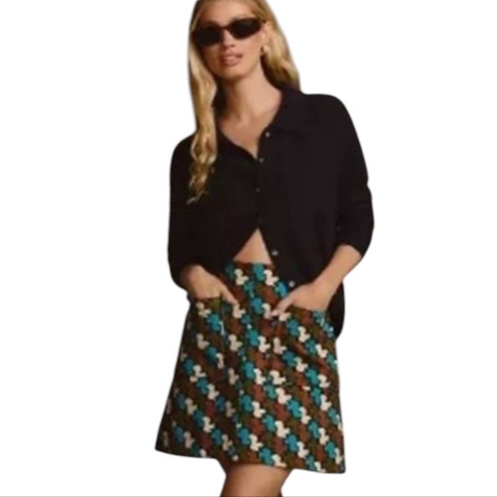 Anthro Maeve The Marisela Squirrel Mini Skirt Stretchy Mod Op Art Retro Brown XL